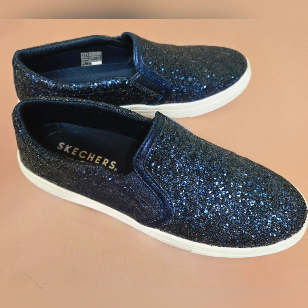 New! Skechers Air Cooled Memory Foam Navy Blue Glitter Slip On Shoes 7